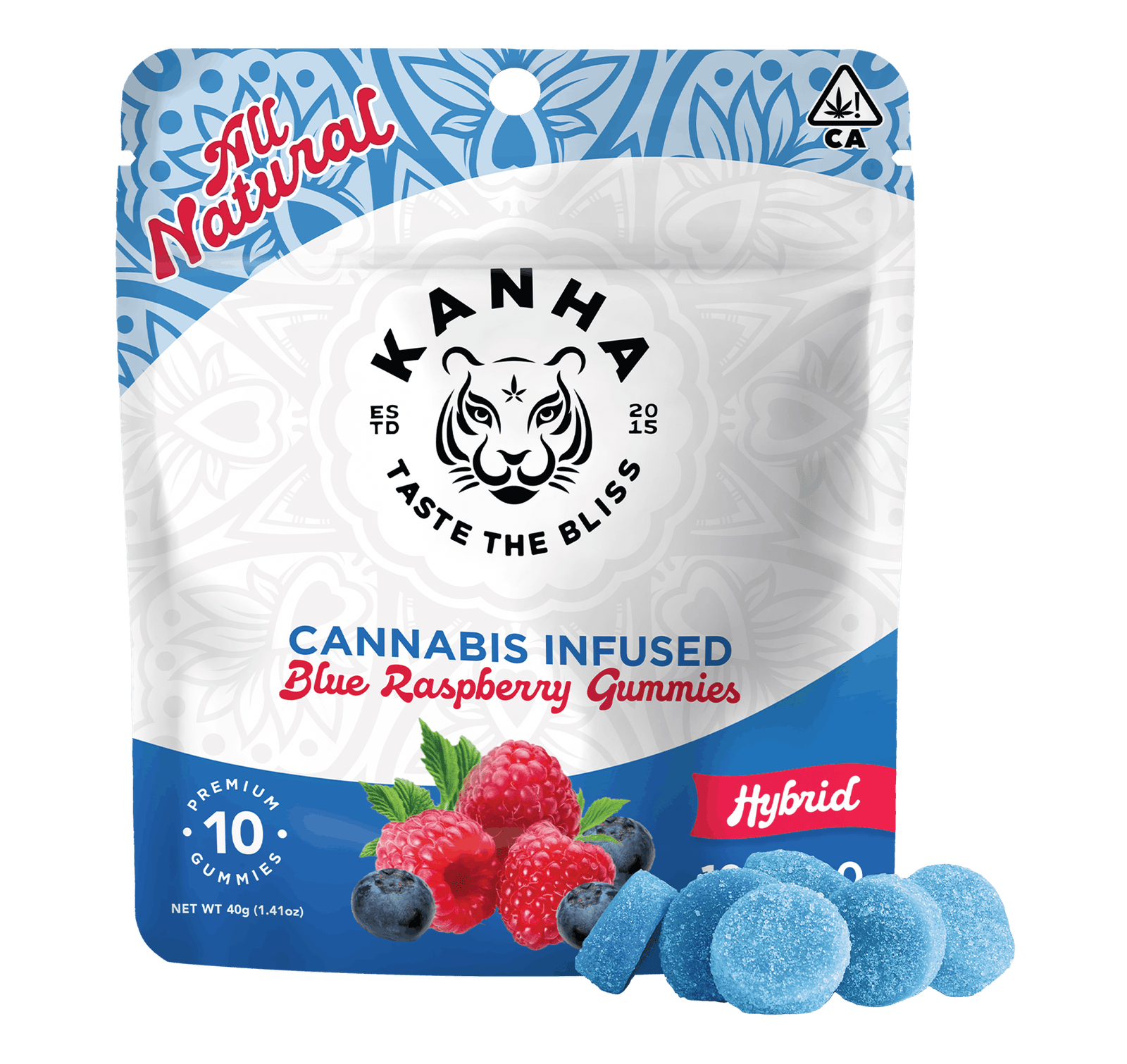1747082247-blue_raspberry_w_gummies.png KANHA | Blue Raspberry | Hybrid | 100mg THC | 10-pack - Image 1