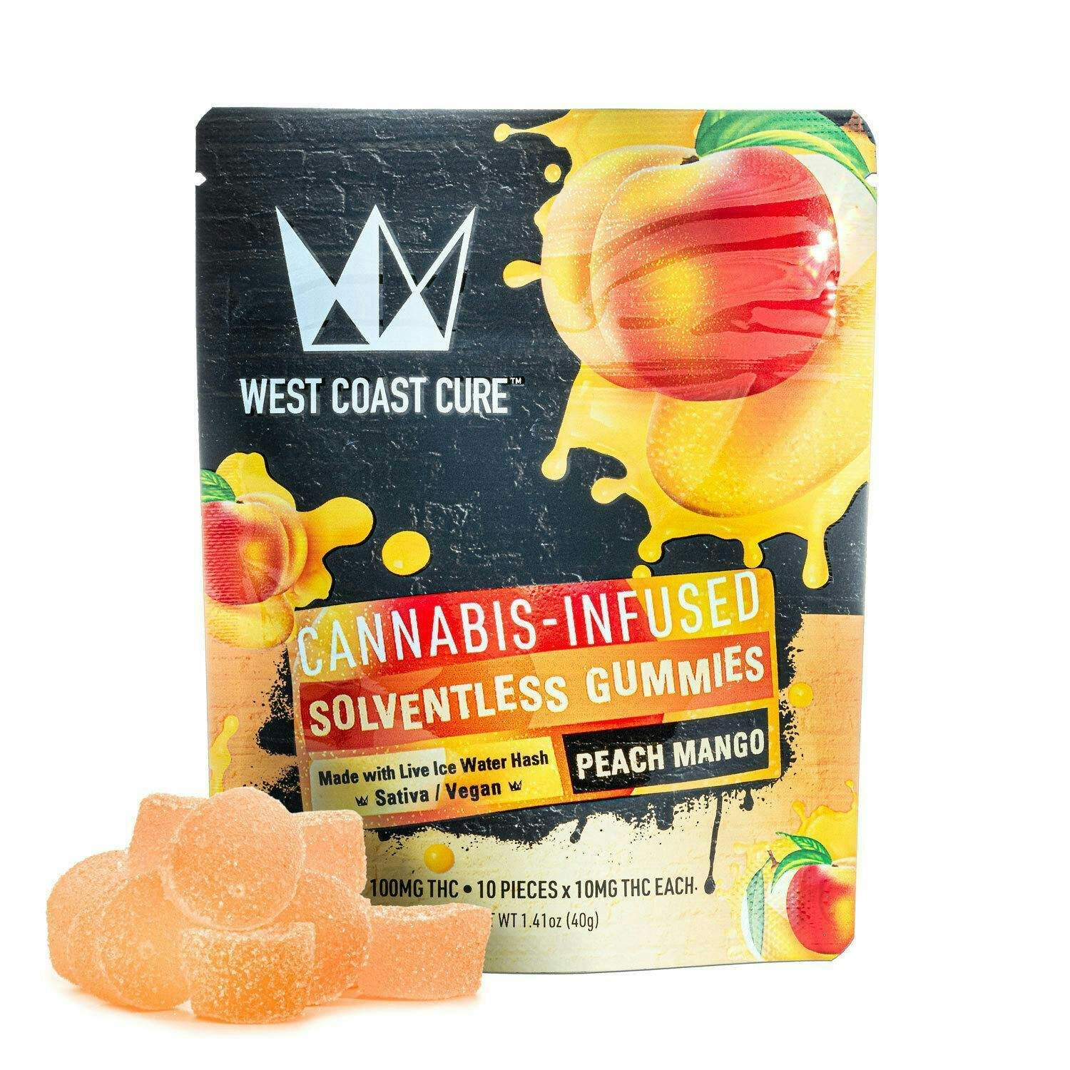 1719274043-1705346686-wcc_gummies_peach_mango_mylar Peach Mango Flavored Solventless Gummies - 10x 10mg/gummy - Image 1